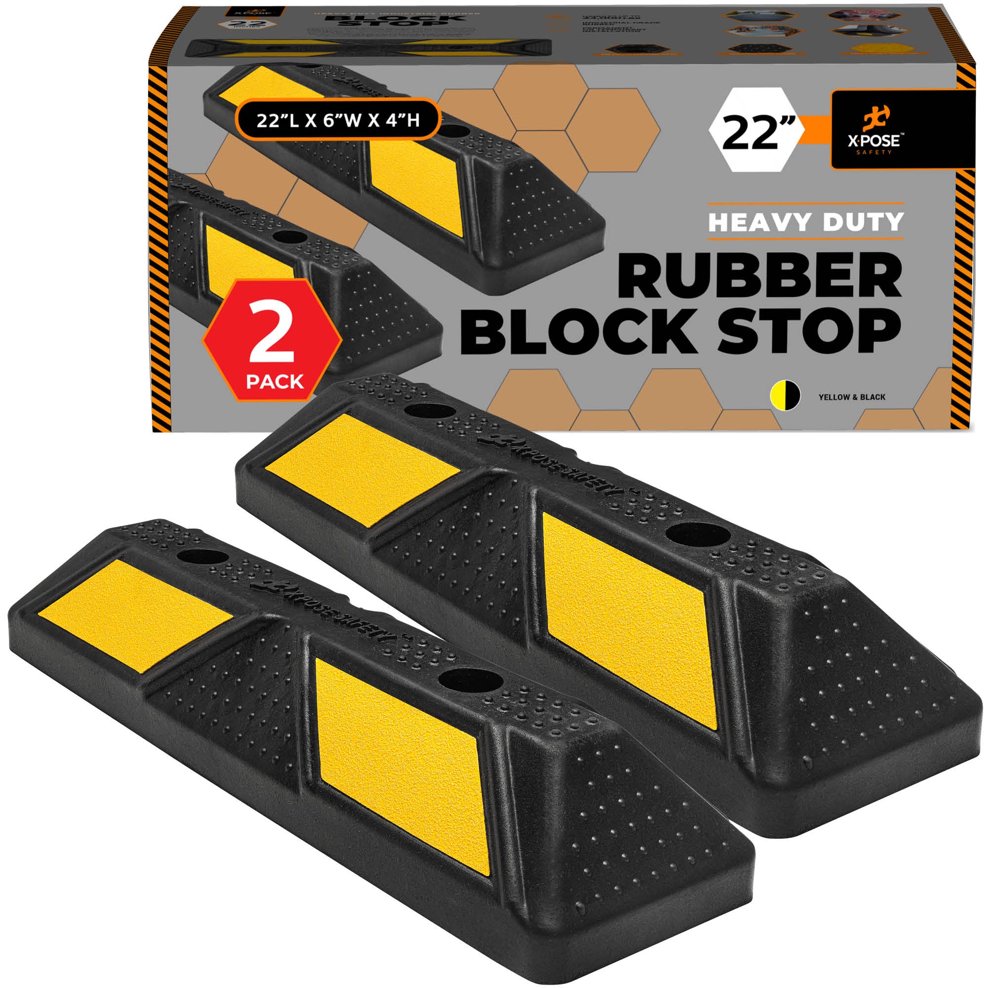 Heavy Duty Rubber Parking Curb Stopper Black/Yellow 22 Inch - Set of 2
