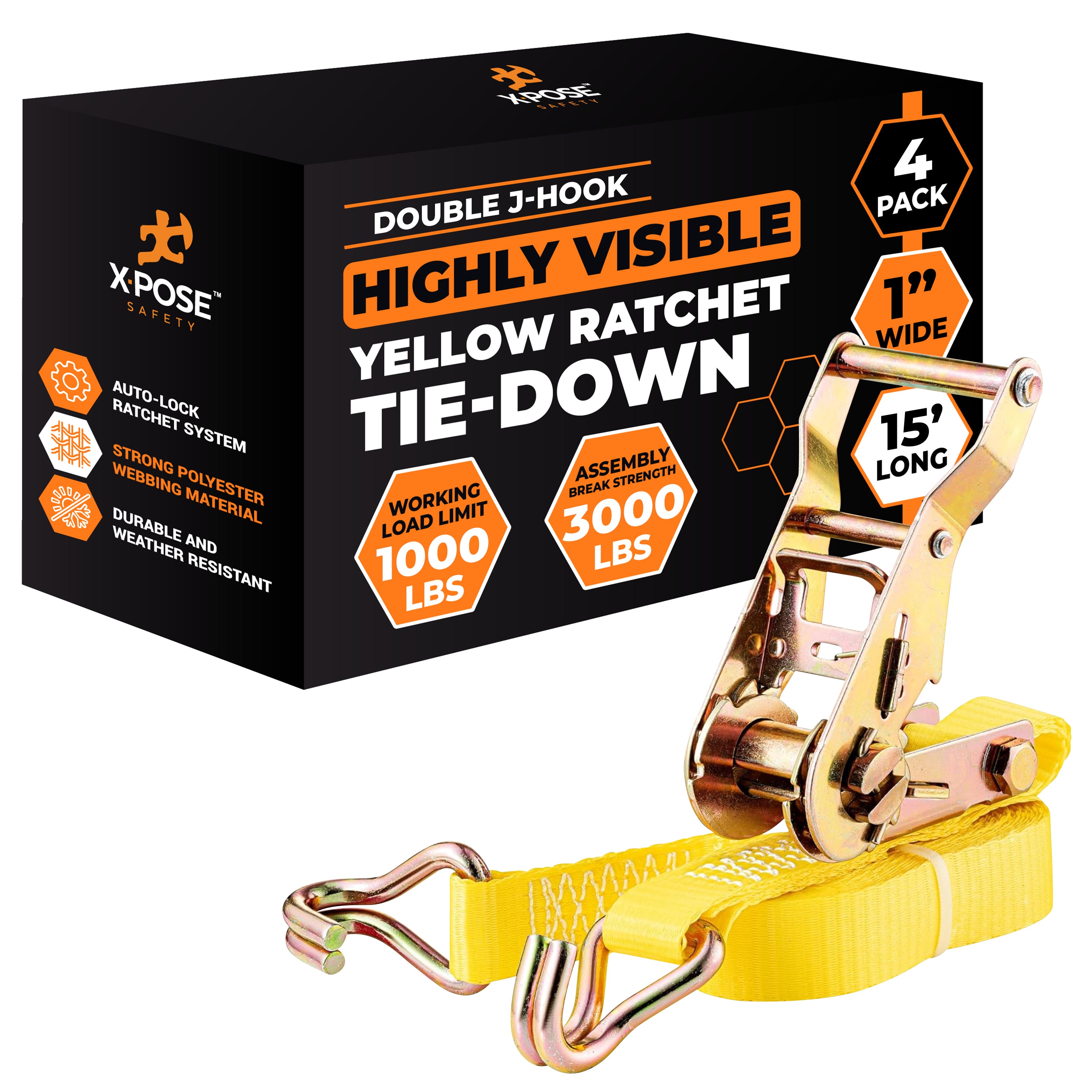Heavy Duty Tie Down Ratchet Straps With Double J Hooks