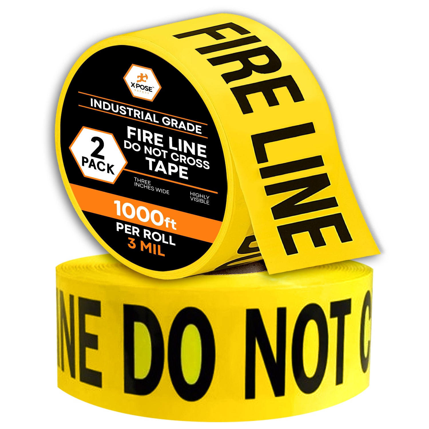 2Pk Yellow Fire Line Barricade Tape Roll of 1000' - 3 Mil